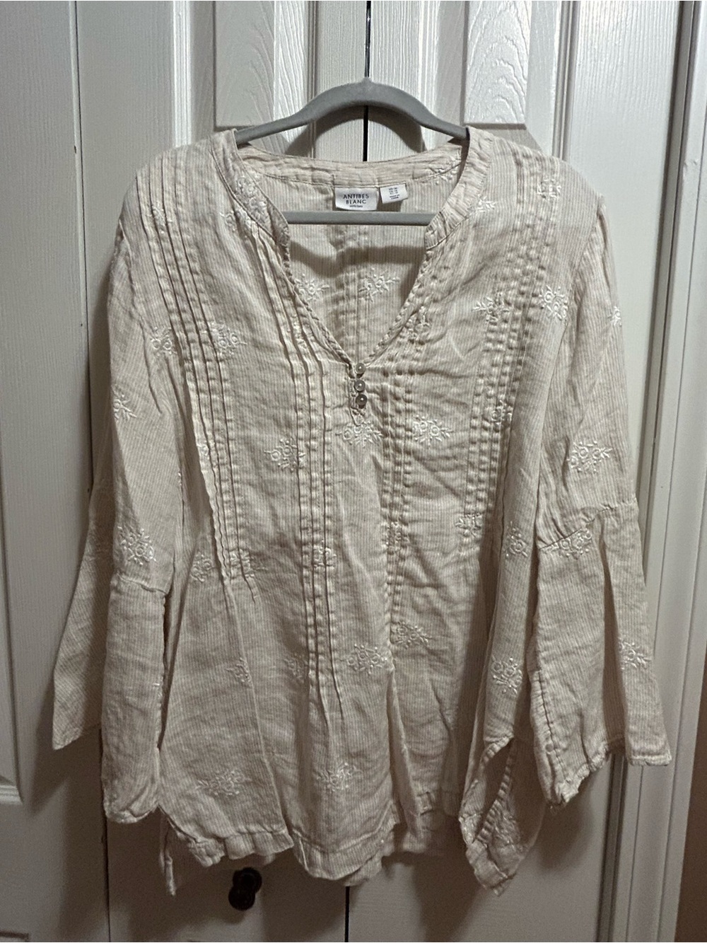 Santa Fe Style Cream Embroidered V-Neck Tunic Top by Antibes Blanc